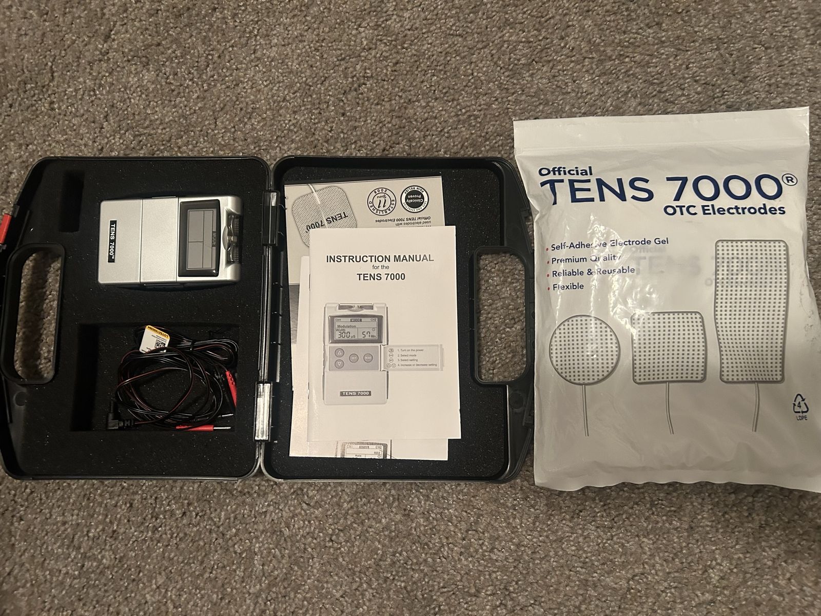 TENS 7000 Digital TENS Unit Muscle Stimulator with extra OTC Electrodes & Carrying Case