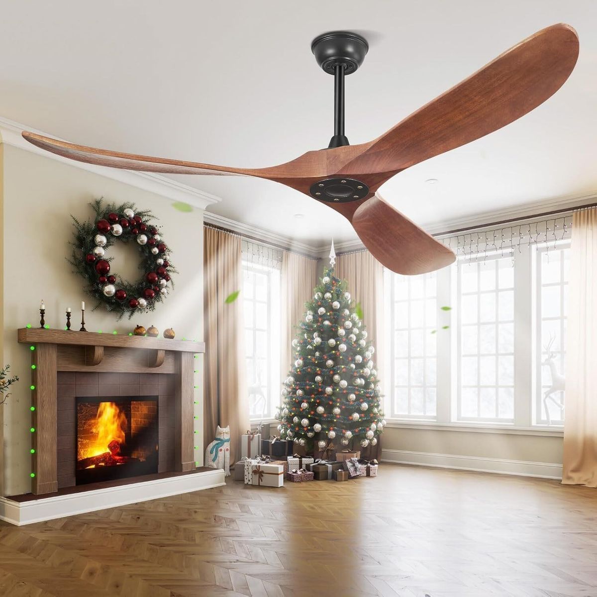 52 Inch Ceiling Fan, Indoor/Outdoor, 3 Solid Wood Blades, Timer, Remote 30" down rod span