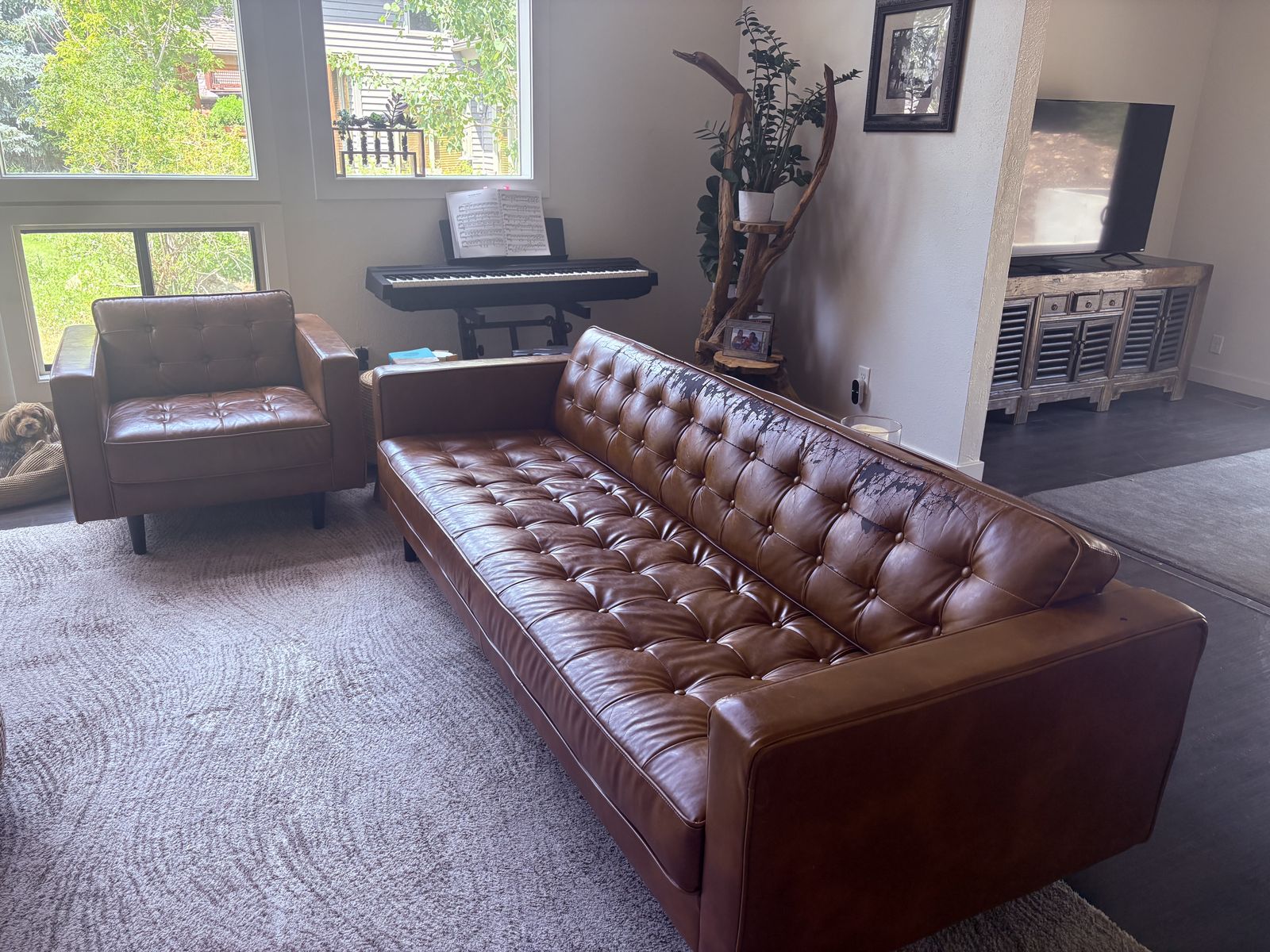 Mid-Century Modern Style Faux Leather Tufted Sofa & Armchair Set - Brown