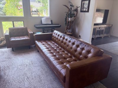 Mid-Century Modern Style Faux Leather Tufted Sofa & Armchair Set - Brown