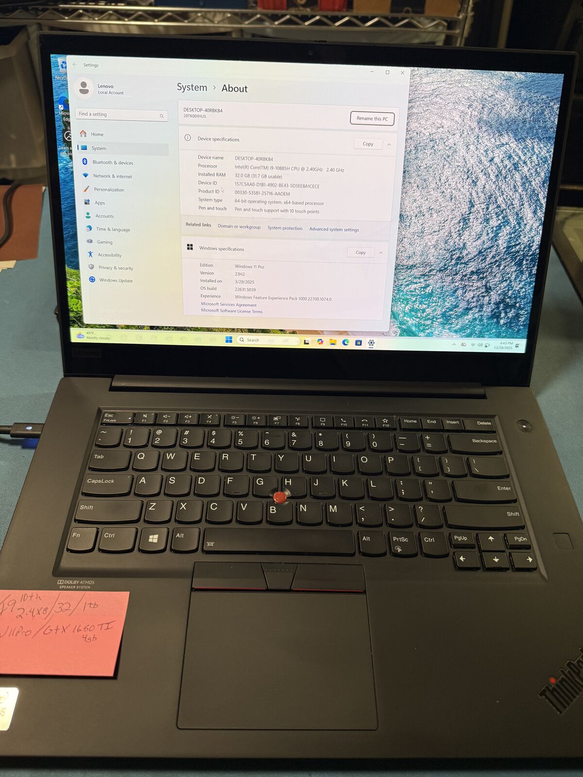 Lenovo  Extreme X1 gtx 1650gpu, i9 10th gen, Win 11 with warranty