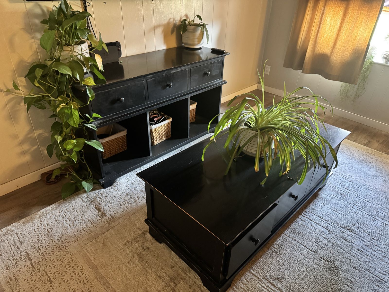 Black Wooden Coffee Table and Matching Media Console / Sideboard Set