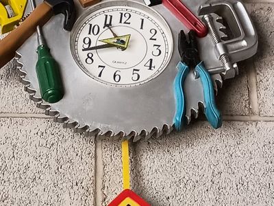 Novelty Handyman Tool Saw Blade Wall Clock with Tape Measure Pendulum