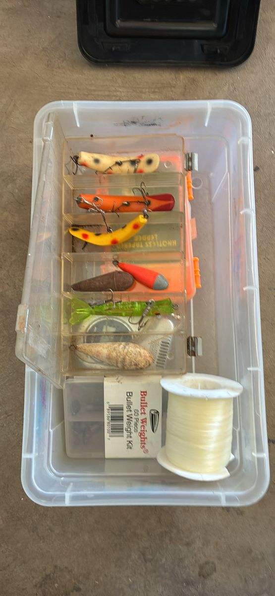 Assorted Fishing Tackle Gear Lot with Lures Weights and Line in Plastic Box