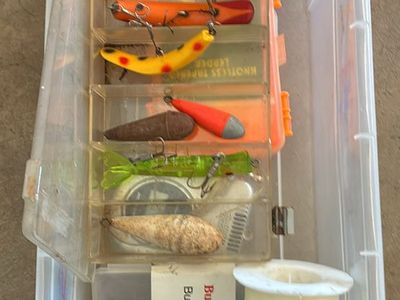 Assorted Fishing Tackle Gear Lot with Lures Weights and Line in Plastic Box
