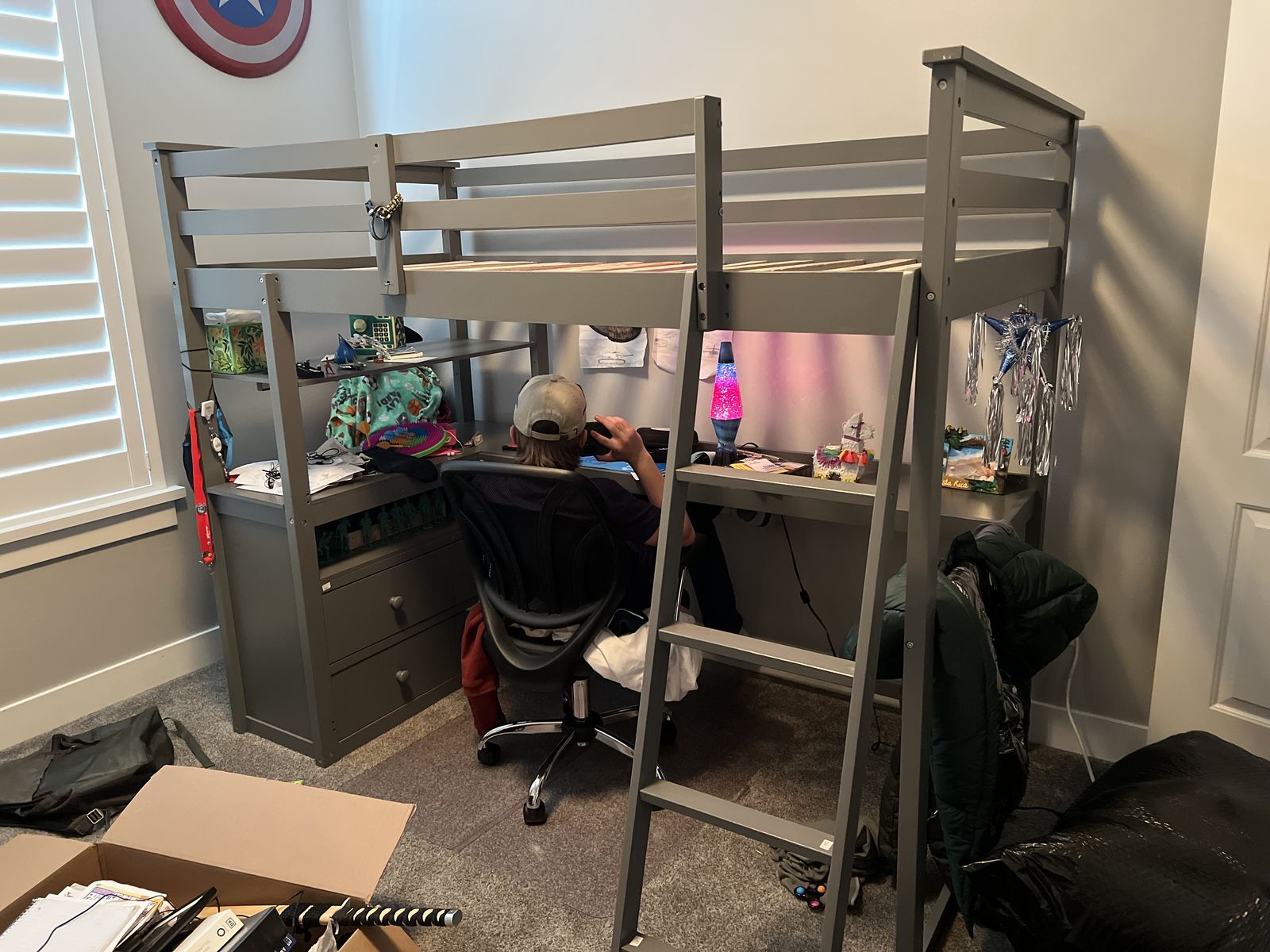 Gray Twin Loft Bed with Twin Mattress