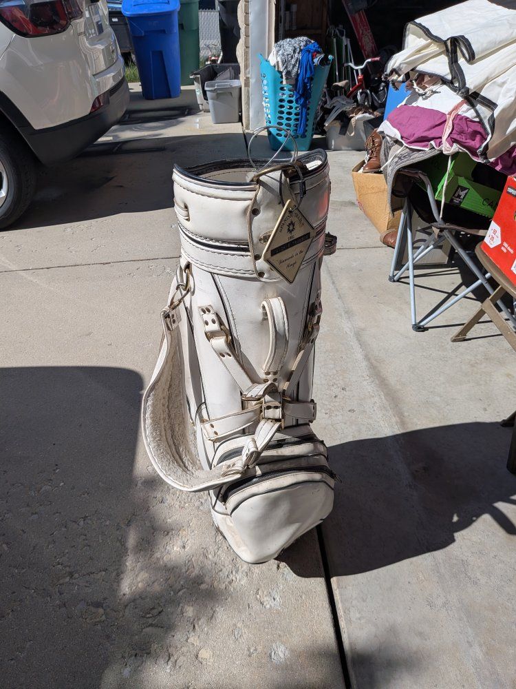 Miller's White older leather golf bag