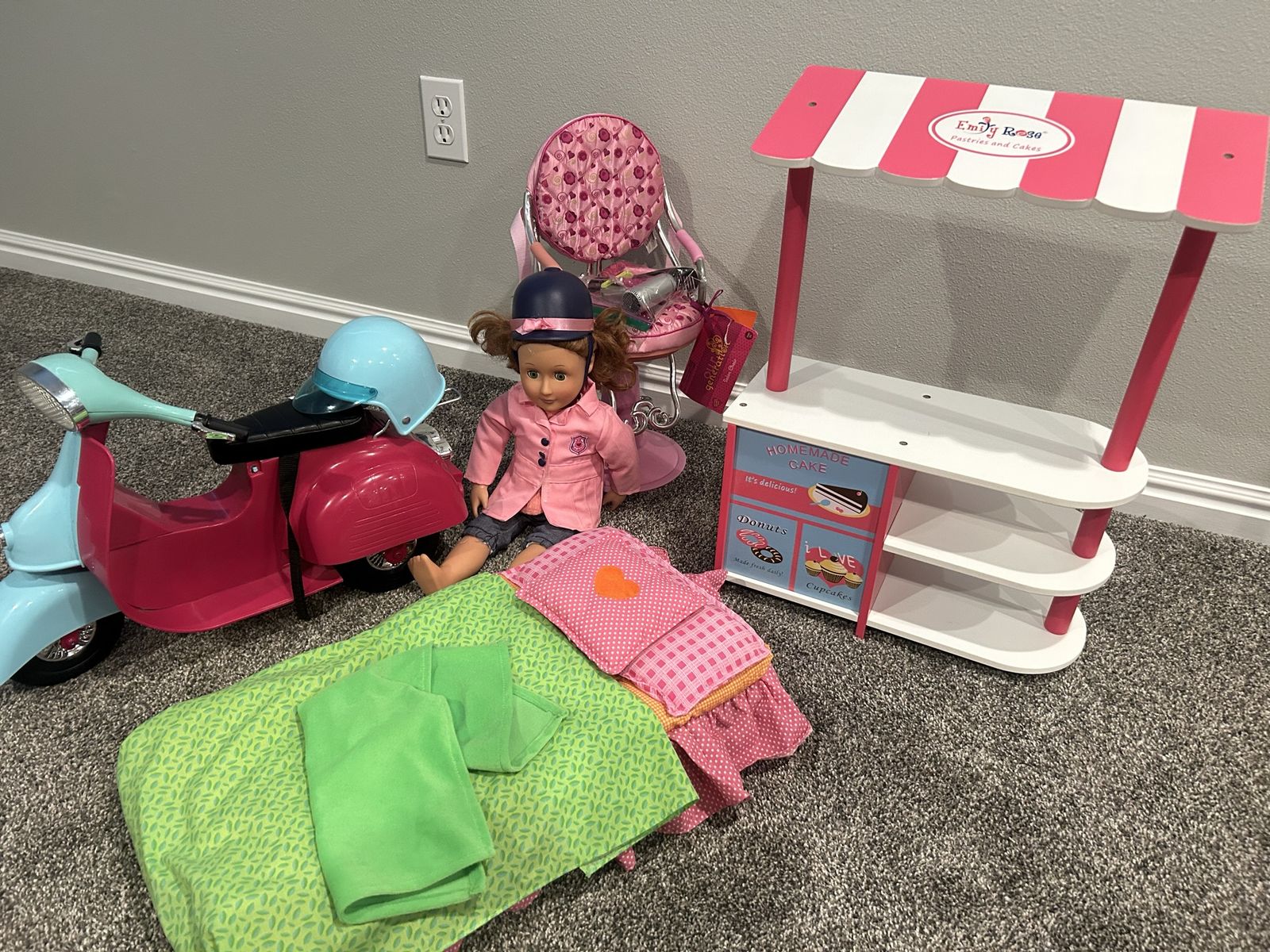 Our generation Doll Scooter, bakery stand, Doll, Bed, salon chair & Accessories Set