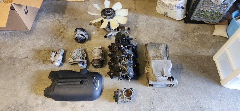 Chevy 4.8L LS Engine Parts Lot - Intake Manifold, Oil Pan, Alternator, Starter, AC Compressor, Throttle body
