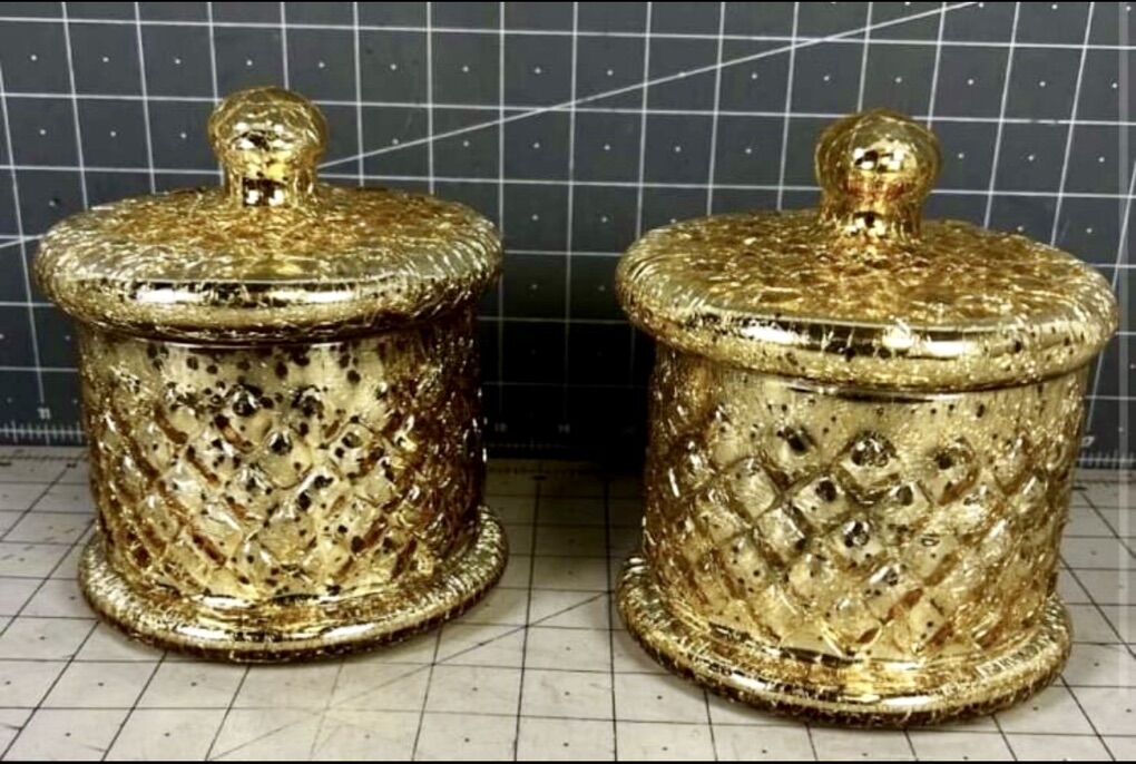 Vintage glass crackled jars- gold set of 2