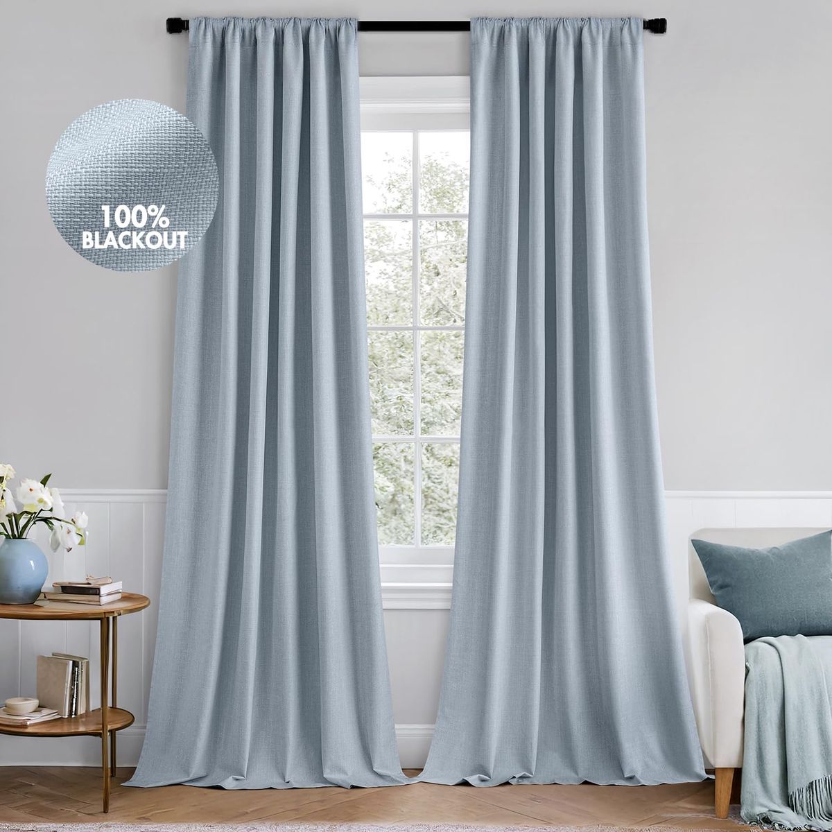 MIULEE Sky Blue 100% Blackout Curtains - 2 Panels, Rod Pocket, Light Blocking Window Drapes 52*102