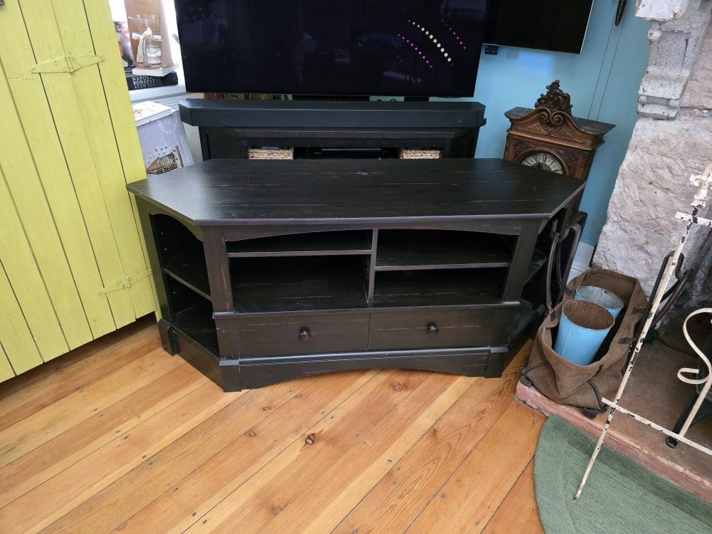 Dark Wood Corner TV Stand Media Console with Storage Shelves and Drawers