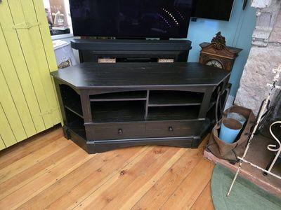 Dark Wood Corner TV Stand Media Console with Storage Shelves and Drawers