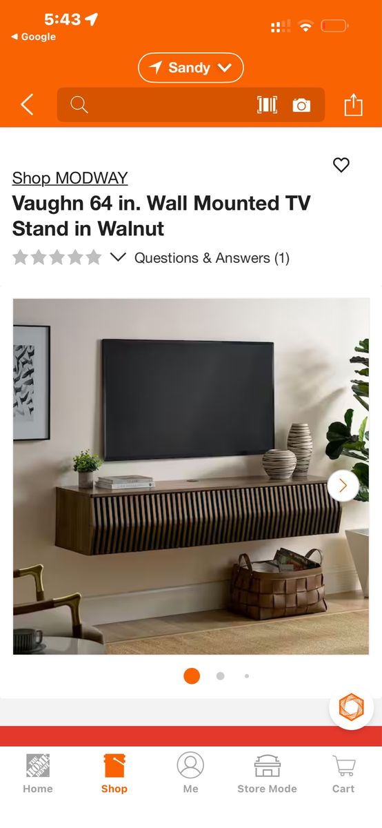 MODWAY Vaughn 64" Walnut Wall Mounted TV Stand - Mid-Century Modern Floating Media Console