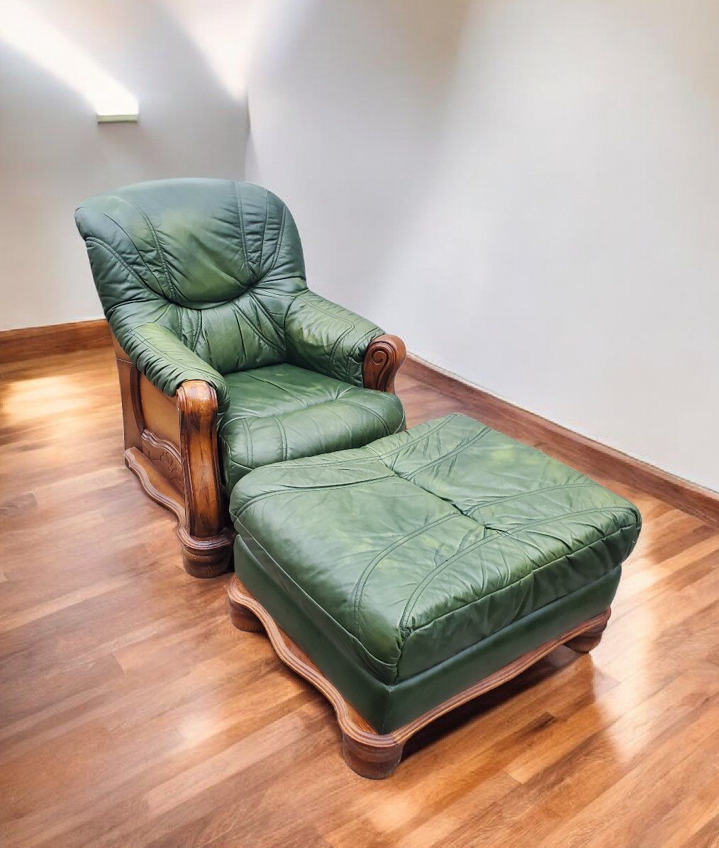 Luxe Green Leather Club Chair + Ottoman