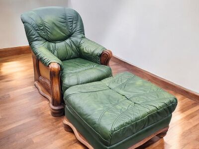 Luxe Green Leather Club Chair + Ottoman