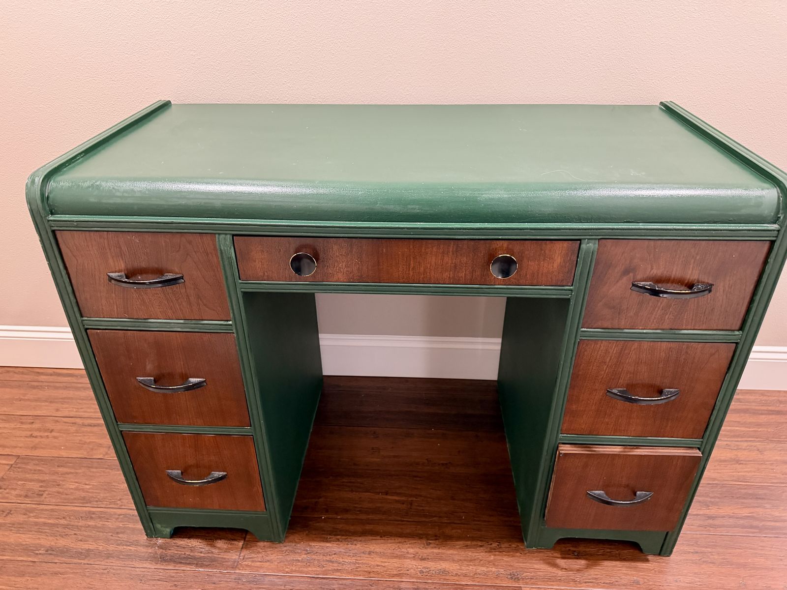 Vintage mid-century vanity / dresser, green with wood drawers