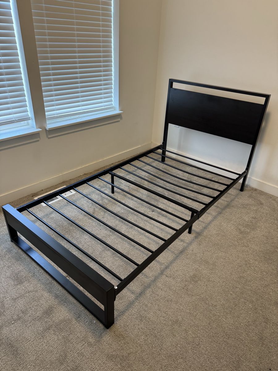 Black Metal Bed Frame with Wood Headboard - Twin Size