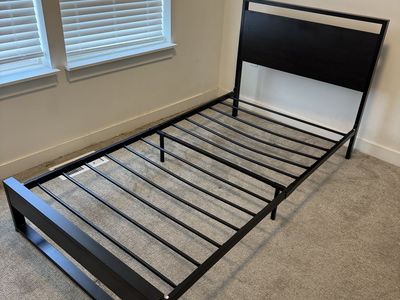 Black Metal Bed Frame with Wood Headboard - Twin Size