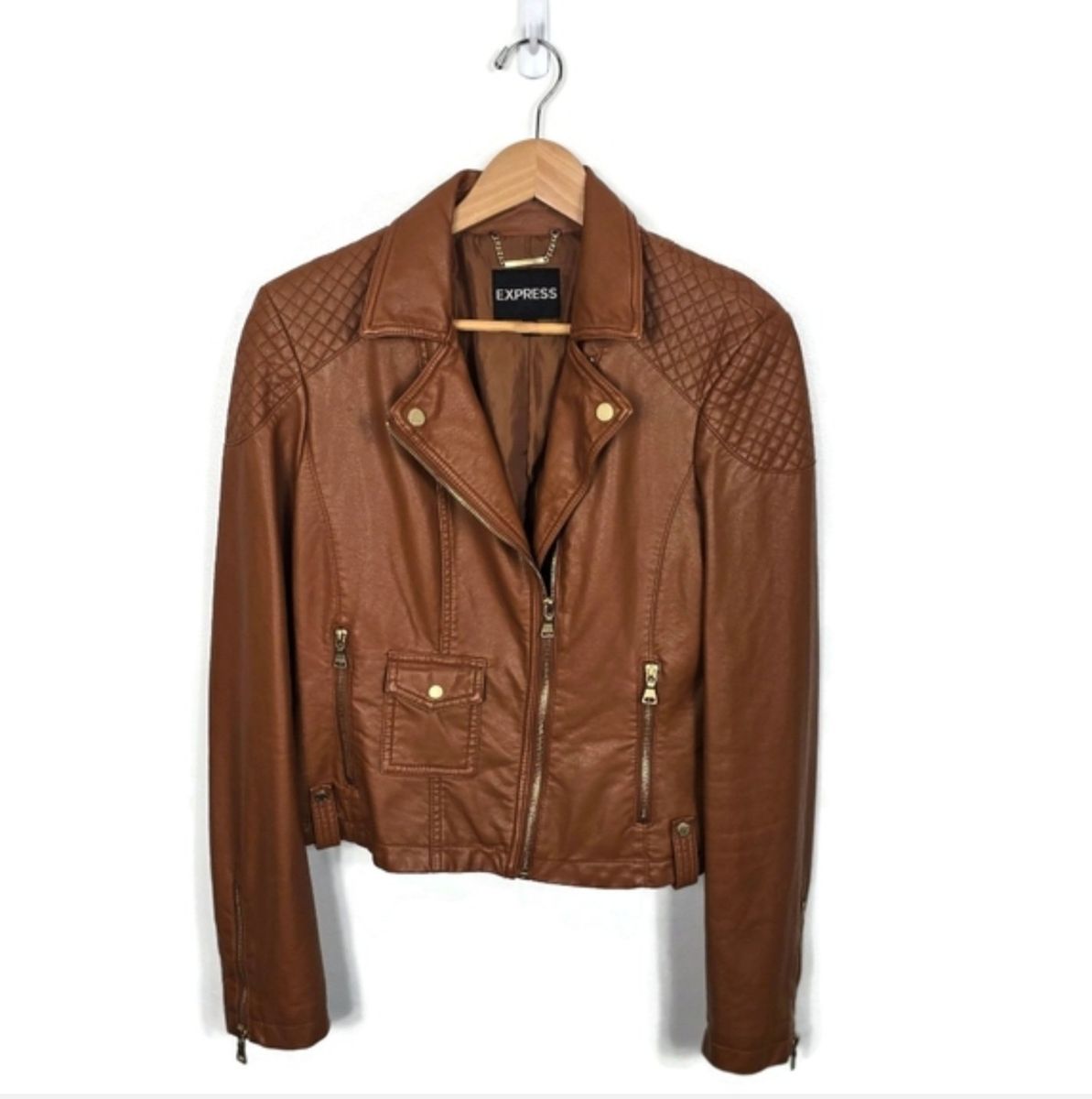 Express Faux Leather Moto Jacket Asymmetrical Zip Caramel Brown Medium