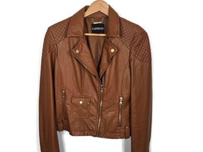 Express Faux Leather Moto Jacket Asymmetrical Zip Caramel Brown Medium