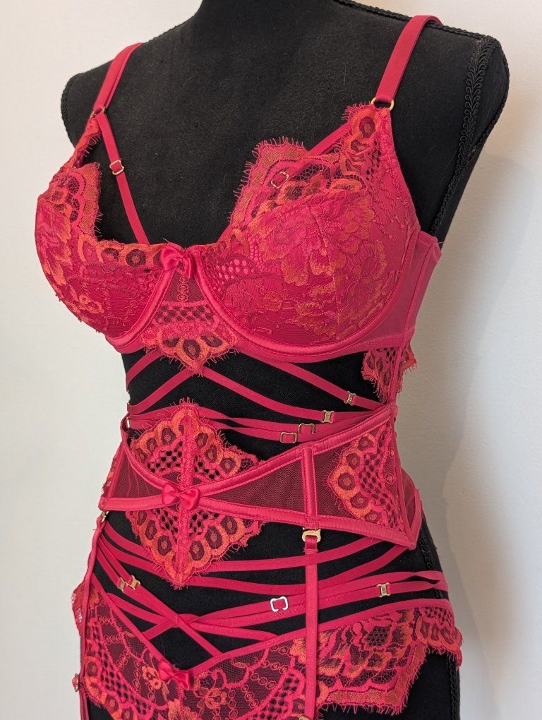 Honey Birdette Candice Fiery Red Lace Lingerie Set 