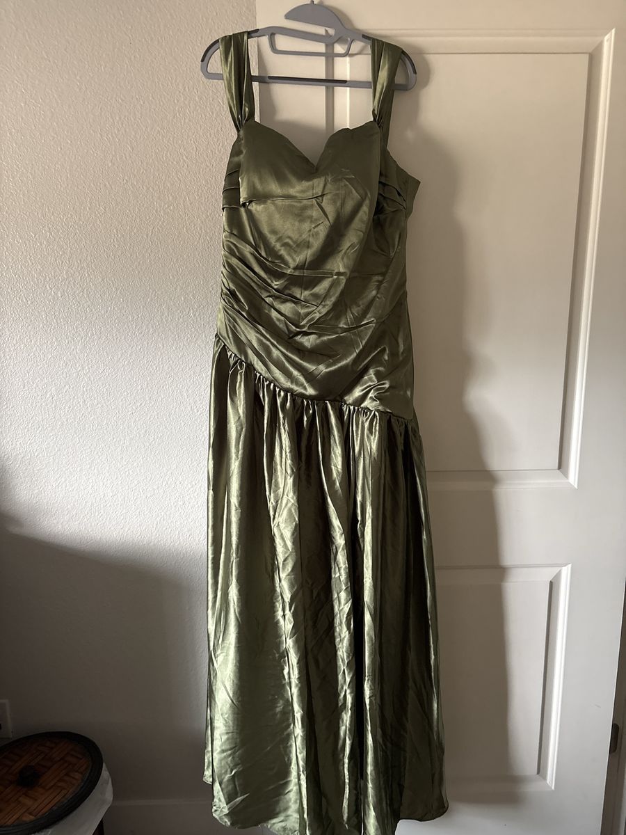 Vintage Style Olive Green Satin Formal Evening Gown Ruched Prom Dress Size 2XL