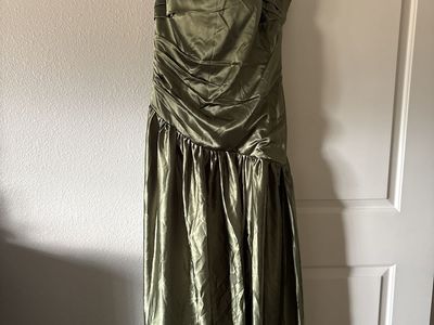 Vintage Style Olive Green Satin Formal Evening Gown Ruched Prom Dress Size 2XL