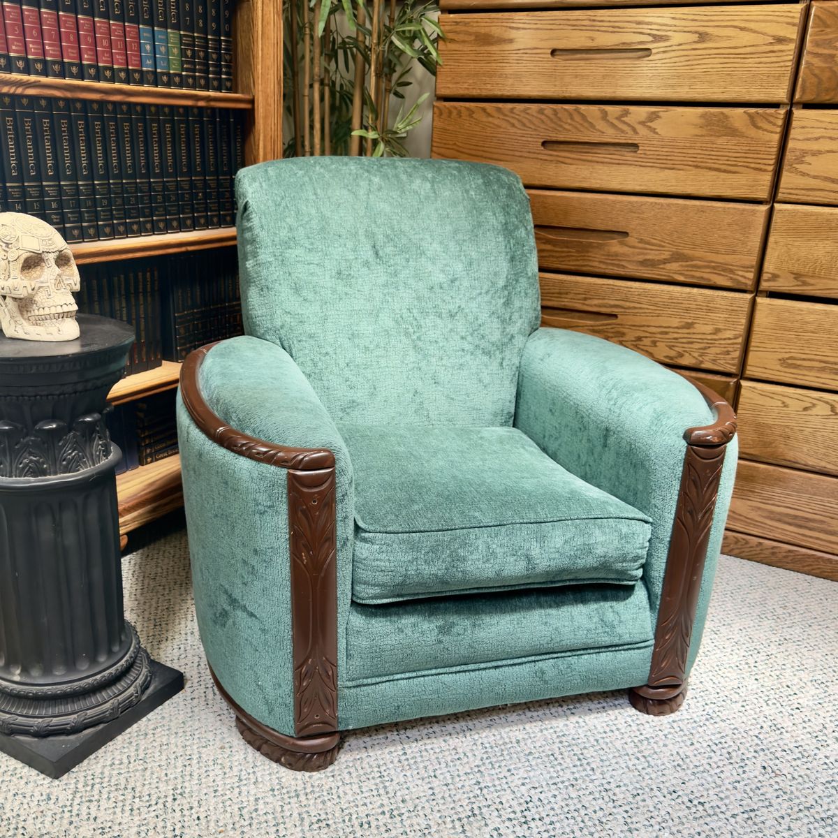 Vintage Teal Upholstered Club Chair with Carved Wood Accents