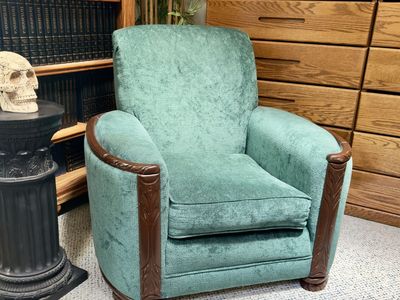 Vintage Teal Upholstered Club Chair with Carved Wood Accents