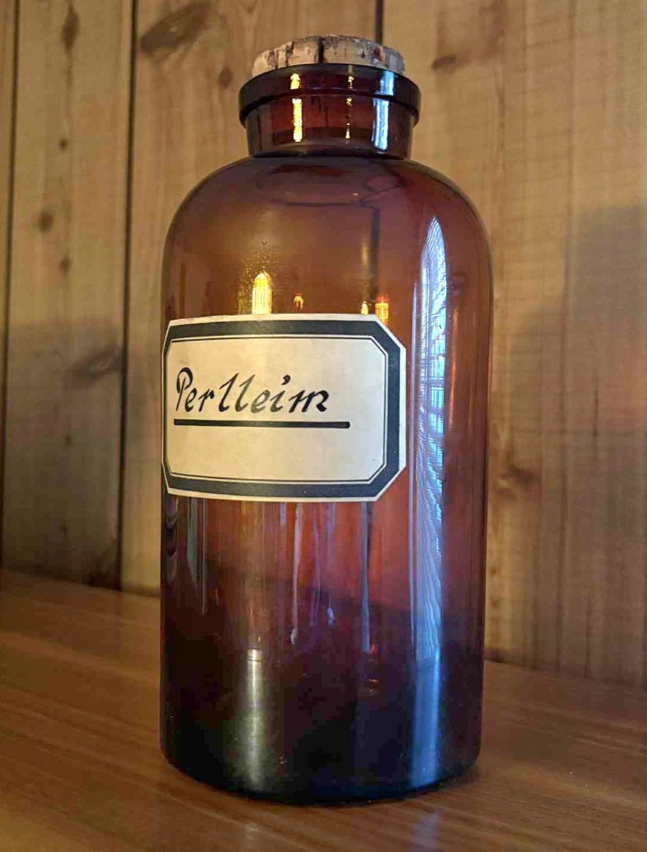 Vintage Amber Glass Apothecary Bottle with Label and Cork