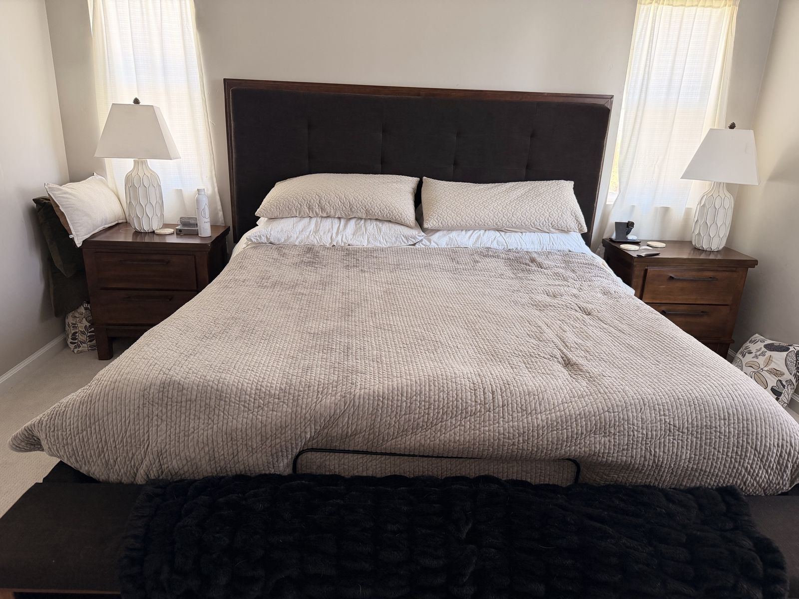 King Size Upholstered Bed Frame with Tufted Headboard - Dark Wood & Fabric