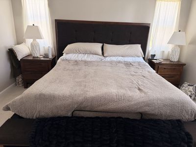 King Size Upholstered Bed Frame with Tufted Headboard - Dark Wood & Fabric