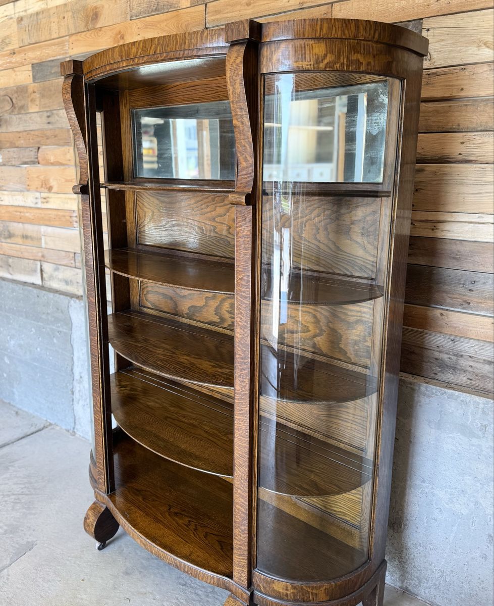 Antique American Empire Oak Curved Bowfront Glass Curio Display Cabinet Bookcase