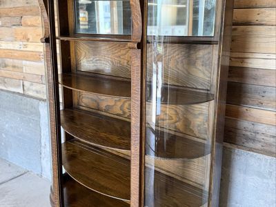 Antique American Empire Oak Curved Bowfront Glass Curio Display Cabinet Bookcase