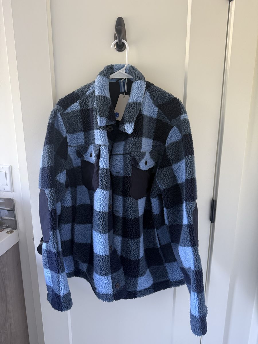 Boden Fleece Checked Jacket Mens XL Blue Plaid Sherpa Button-Up Shirt Jacket with Pockets