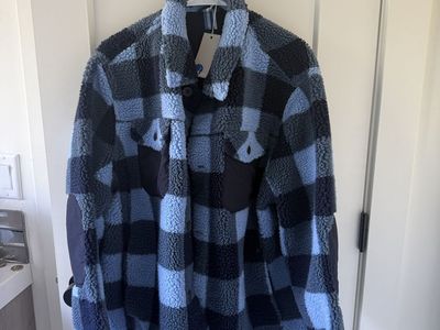 Boden Fleece Checked Jacket Mens XL Blue Plaid Sherpa Button-Up Shirt Jacket with Pockets