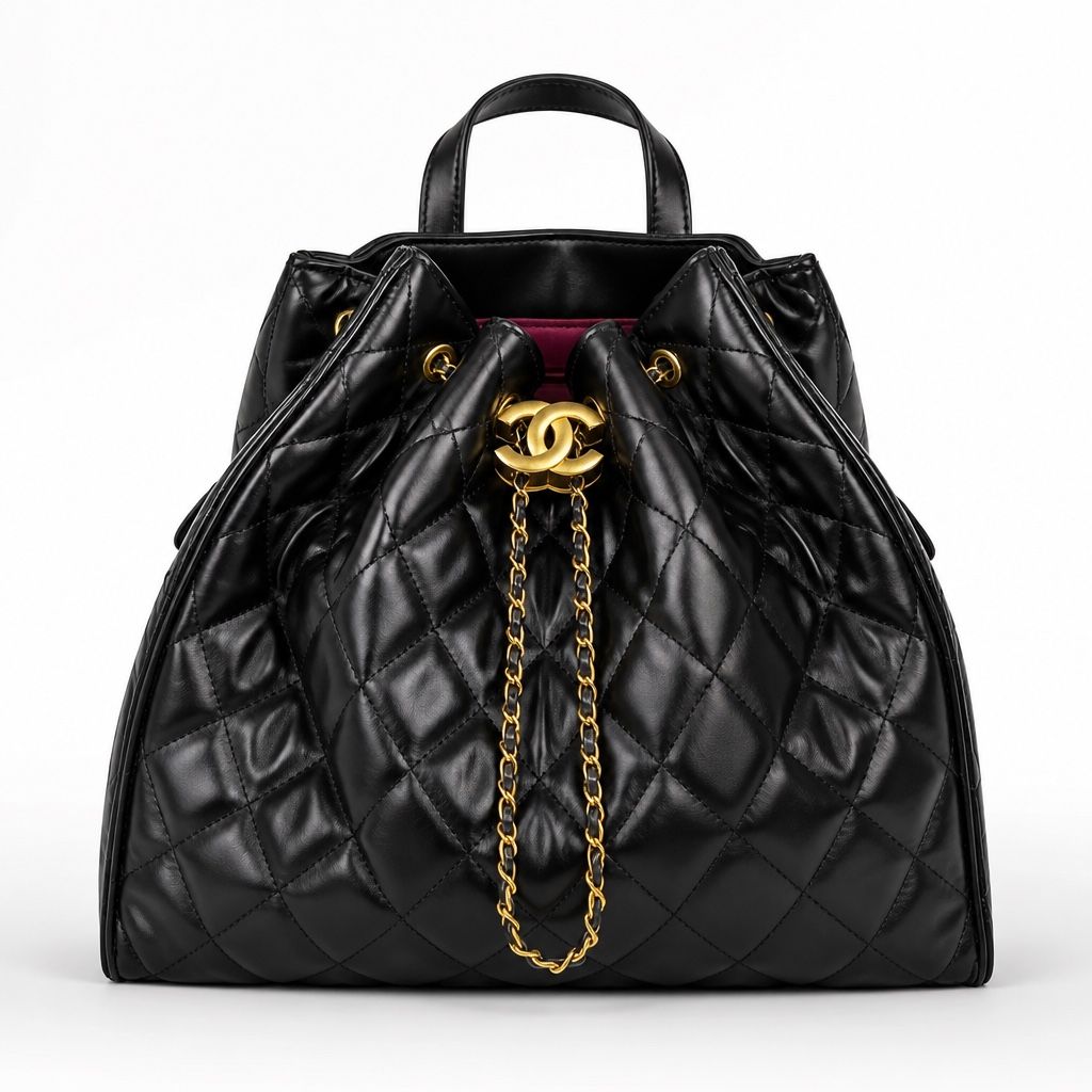 Black Quilted Leather Drawstring Backpack with Gold-Tone Chain Straps