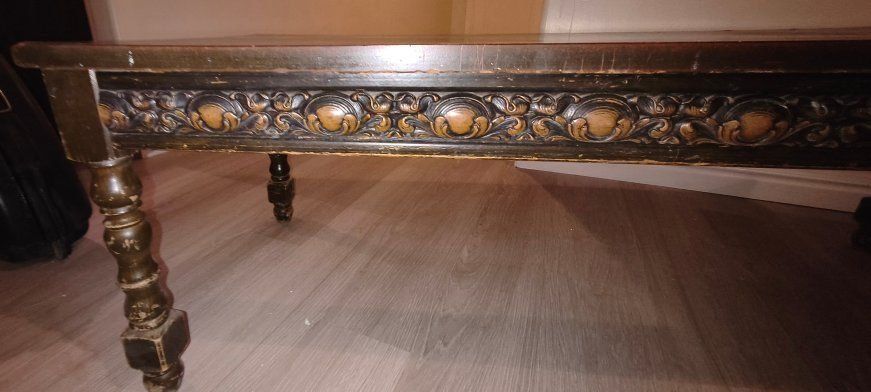 Vintage Carved Wood Coffee Table with Ornate Detailed Apron and Turned Legs 48"X20"X16" tall