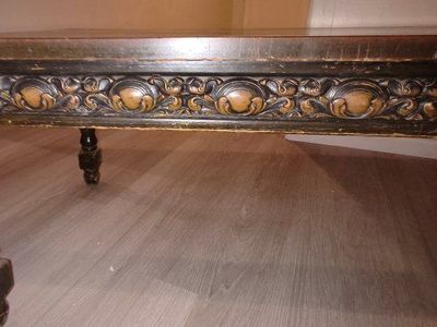 Vintage Carved Wood Coffee Table with Ornate Detailed Apron and Turned Legs 48"X20"X16" tall