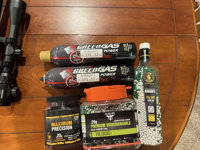 Airsoft Starter Bundle: Lancer Tactical AR, sniper rifle, pistol, Green Gas, Biodegradable BBs, and more