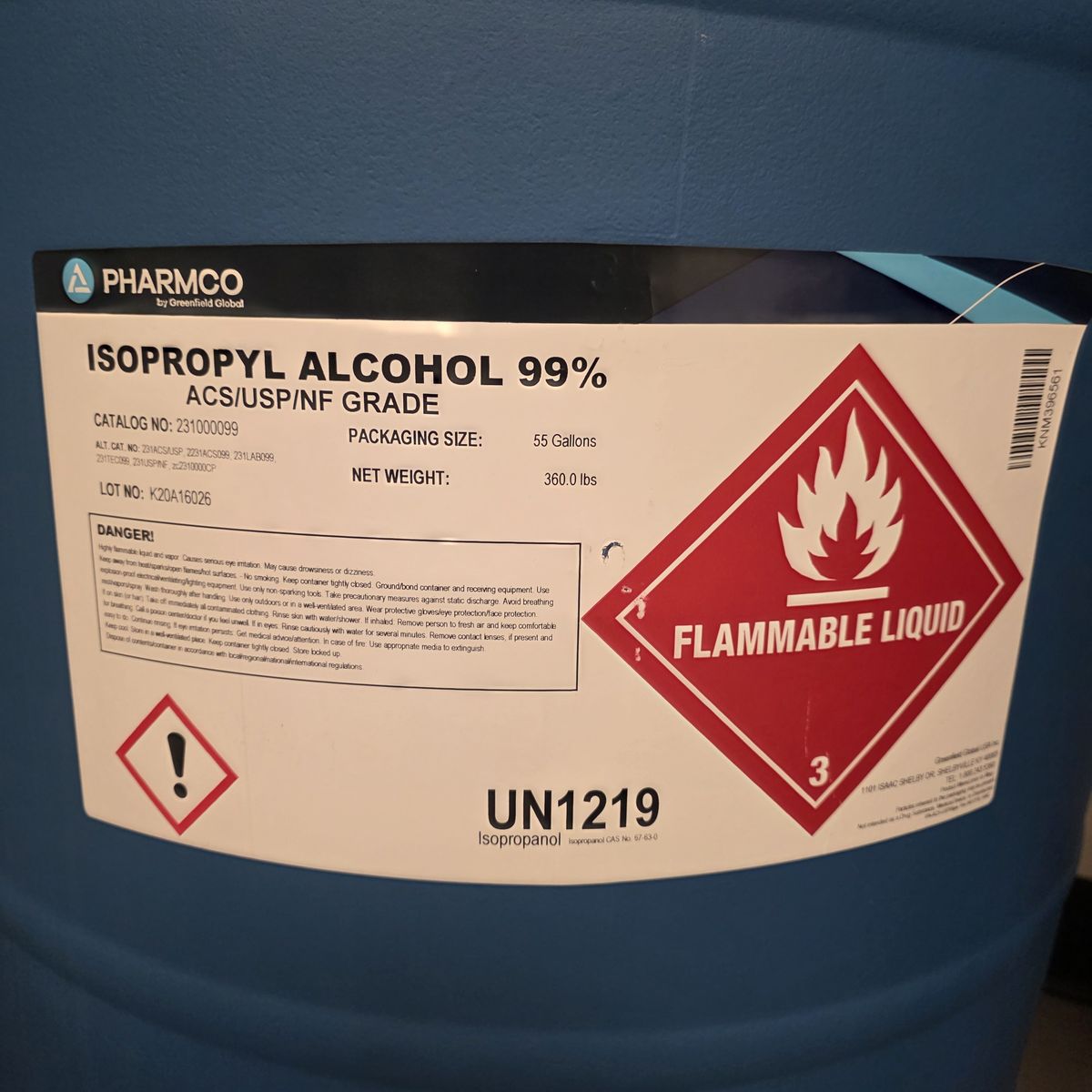 New 55 Gallon Drum Isopropyl Alcohol 99% ACS/USP/NF Grade