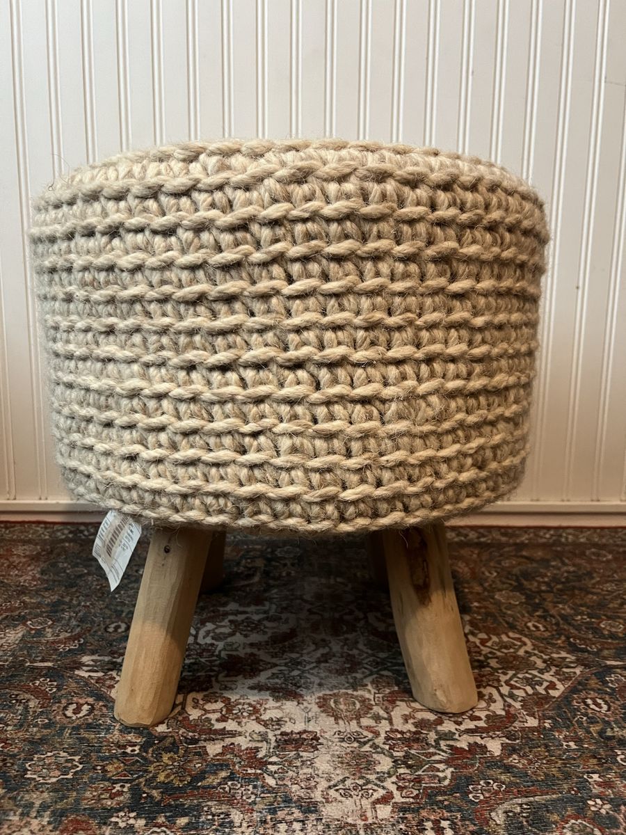 Handmade Crocheted Round Ottoman Stool with Wooden Legs - Natural Fiber Accent Furniture