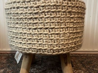 Handmade Crocheted Round Ottoman Stool with Wooden Legs - Natural Fiber Accent Furniture