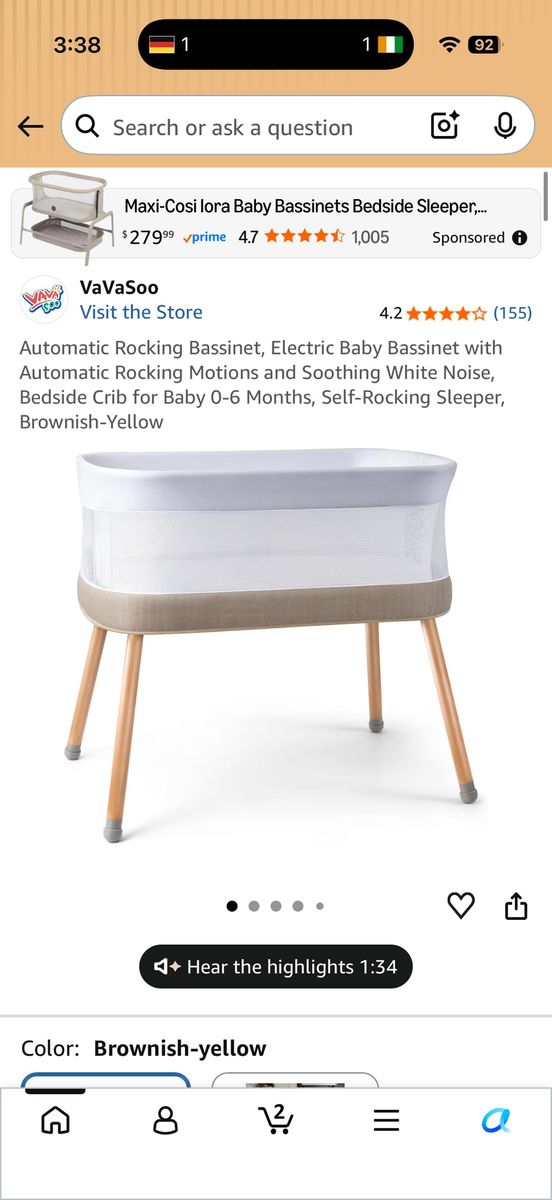 VaVaSoo Automatic Rocking Bassinet Bedside Sleeper with White Noise, Brownish-Yellow