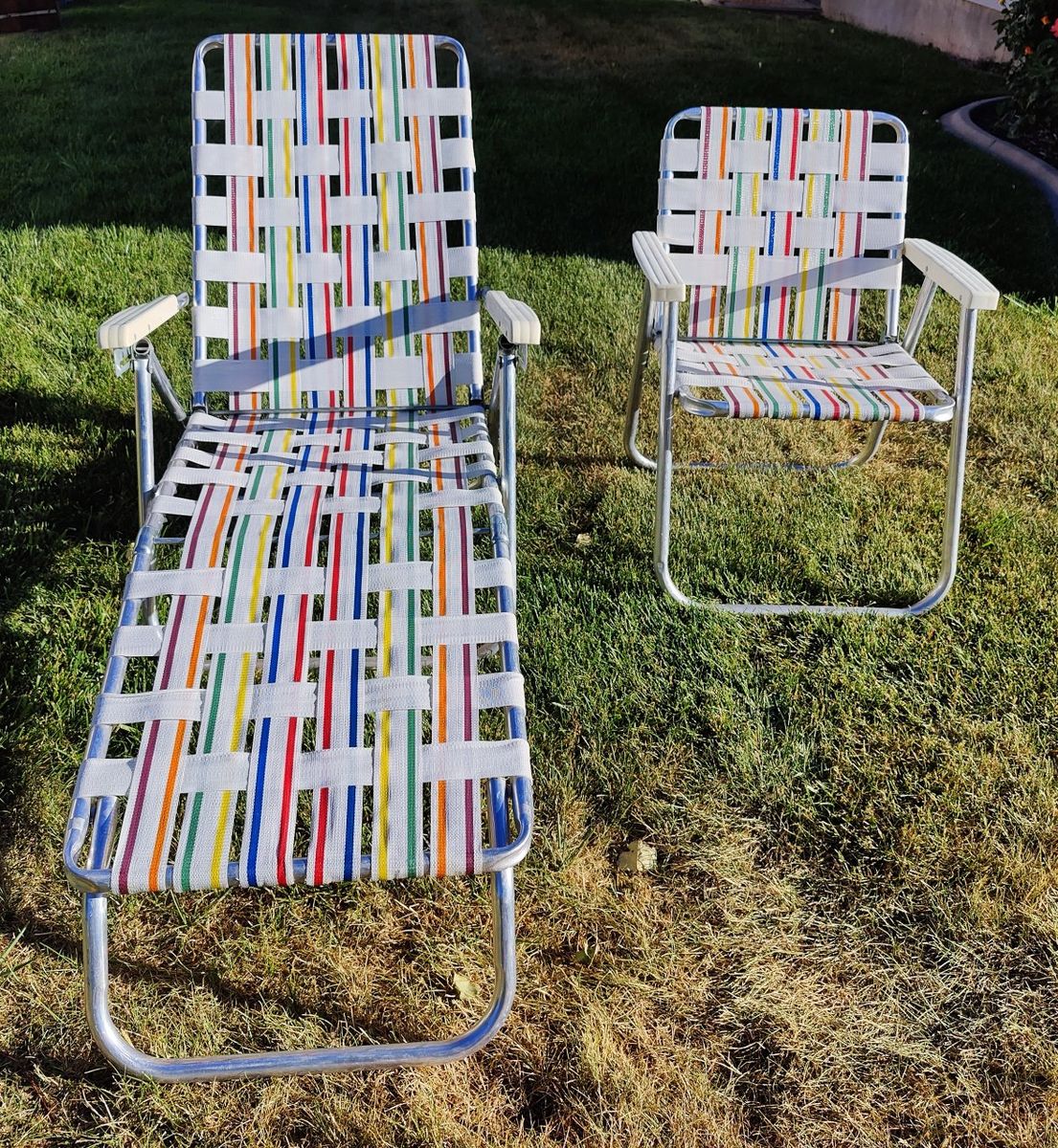 Vintage Webbed Aluminum Folding Lawn Chair and Match Chaise Lounger