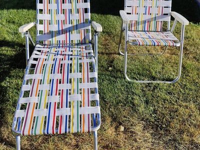 Vintage Webbed Aluminum Folding Lawn Chair and Match Chaise Lounger