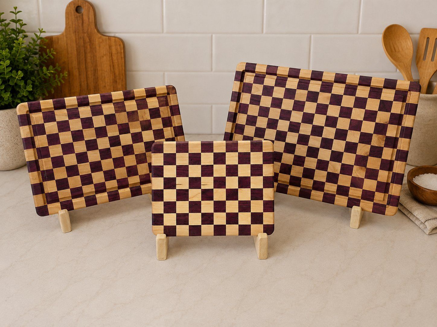 Handmade Checkered Wood Cutting Board - Hard Maple & Purpleheart - with Juice Groove
