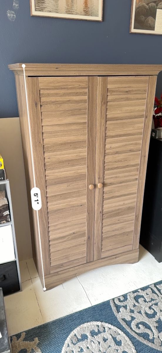 Farmhouse Armoire Storage Cabinet w/ Louver Doors Oak Wood Finish - Light Brown