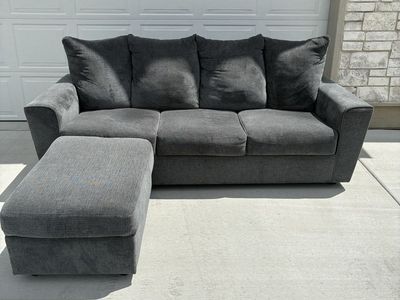 Gray Fabric Sectional Couch with Ottoman - 3-Seater, Modern Design